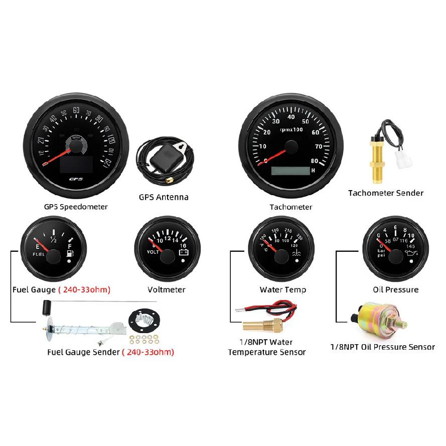 Black 85mm GPS Speedometer 80MPH Waterproof 6 Gauge Kit Fit Car Boat Marine Gasolines Vehicle Tachometer Water Temp Fuel Gauges