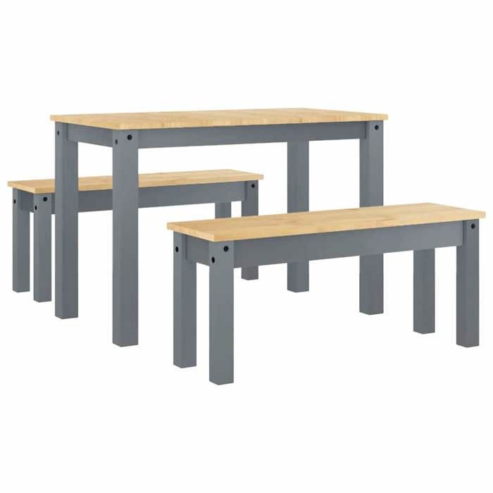 VidaXL Panama 3-piece Dining Set Grey Solid Pine Wood, Dining Table Set, Kitchen Table and Benches, 3345165