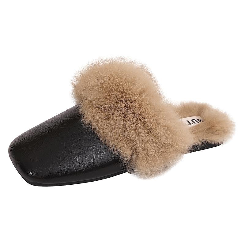 French Beautiful Bag Head Autumn and Winter Fluffy Slippers Velvet Women's 2025 Flat Bottom New Muller Lazy Explosion Out