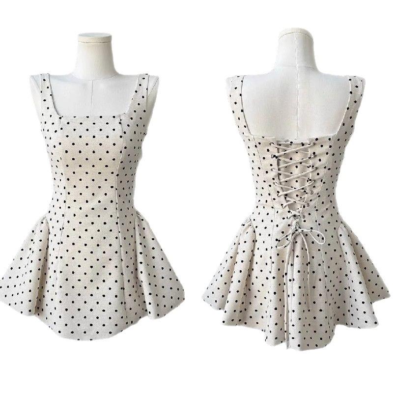 Korean-Style Polka Dot Square Neck Summer Dress with Tie-Up Patchwork
