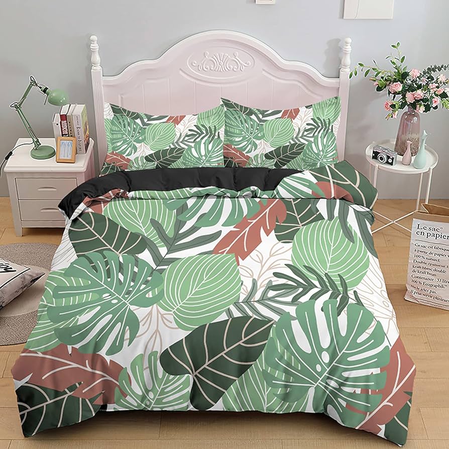 Tropical Leaves Duvet Cover Twin King Palm Leaf Pattern Bedding Set for Boys Girl Room Botanical Monstera Leaves Comforter Cover