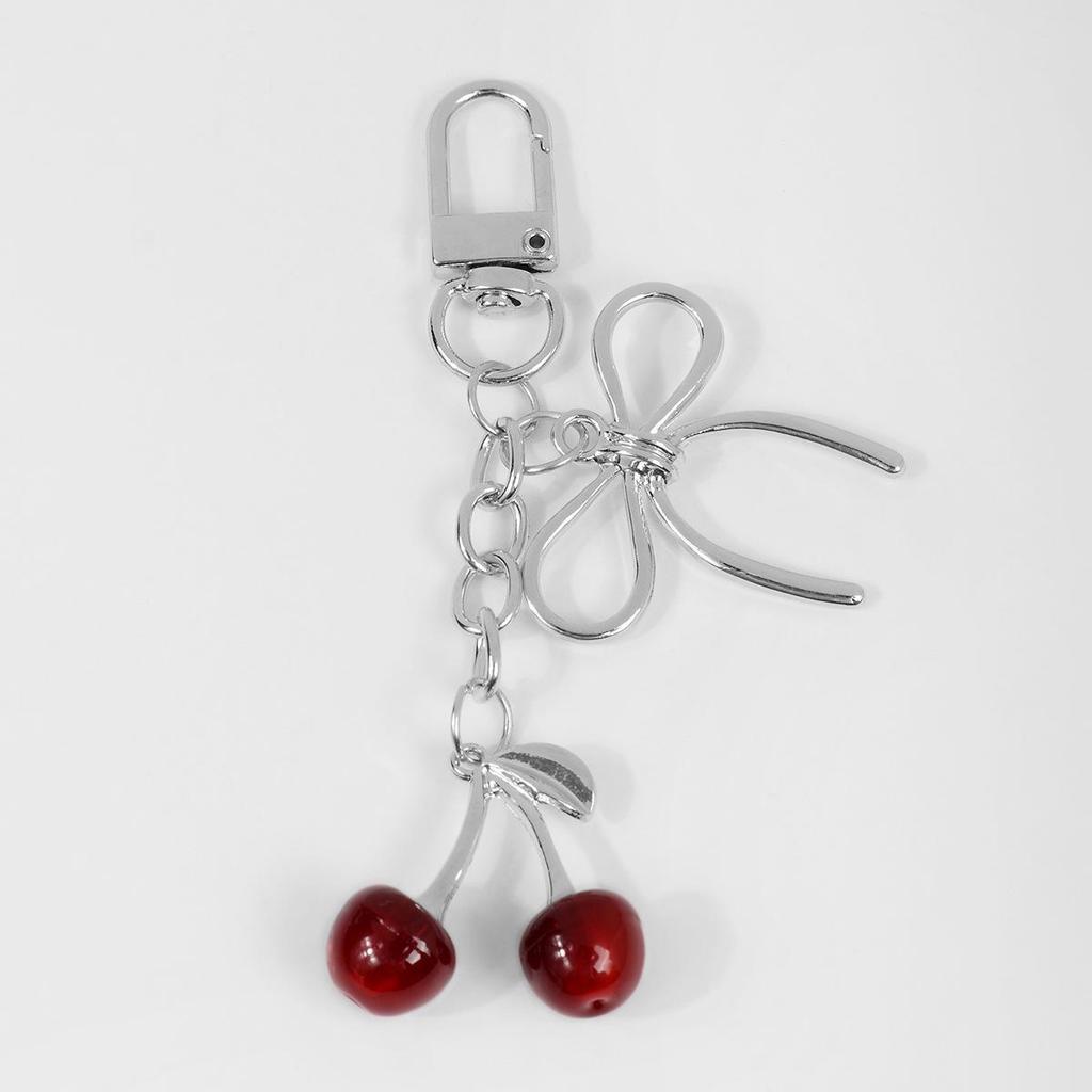 Elegant Pastoral Gold & Silver Chain Bowtie Faux Cherry Keychain Charm