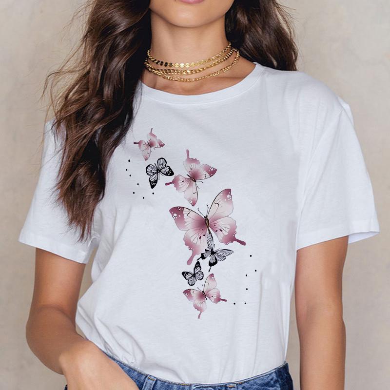 Woman O-neck Shirt Butterfly Print Short Sleeve Printed T Shirt  Clothing Women's T-Shirt Clothing Women's Top Tee