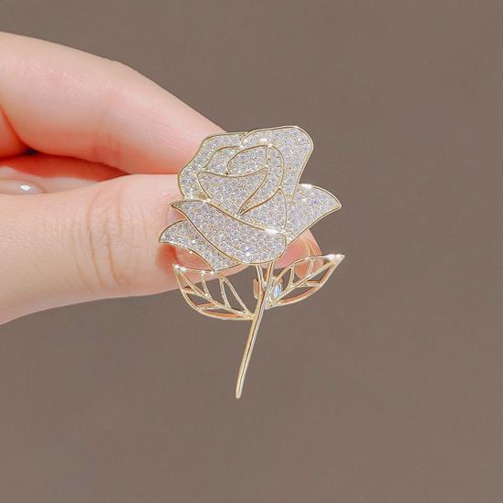 Women Brooch High-Gloss Rhinestone Inlay Sparkling Rose Flower Design Lapel Pin Non-Slip Buckle Zinc Alloy Scarf Badge