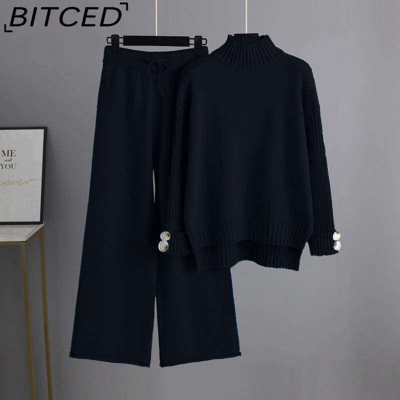 

BITCED Осенне-зимний трикотажный комплект для женщин: Стильный свитер с полувысоким воротом и толстым слоем и свободная верхняя одежда из двух частей One Size чёрный