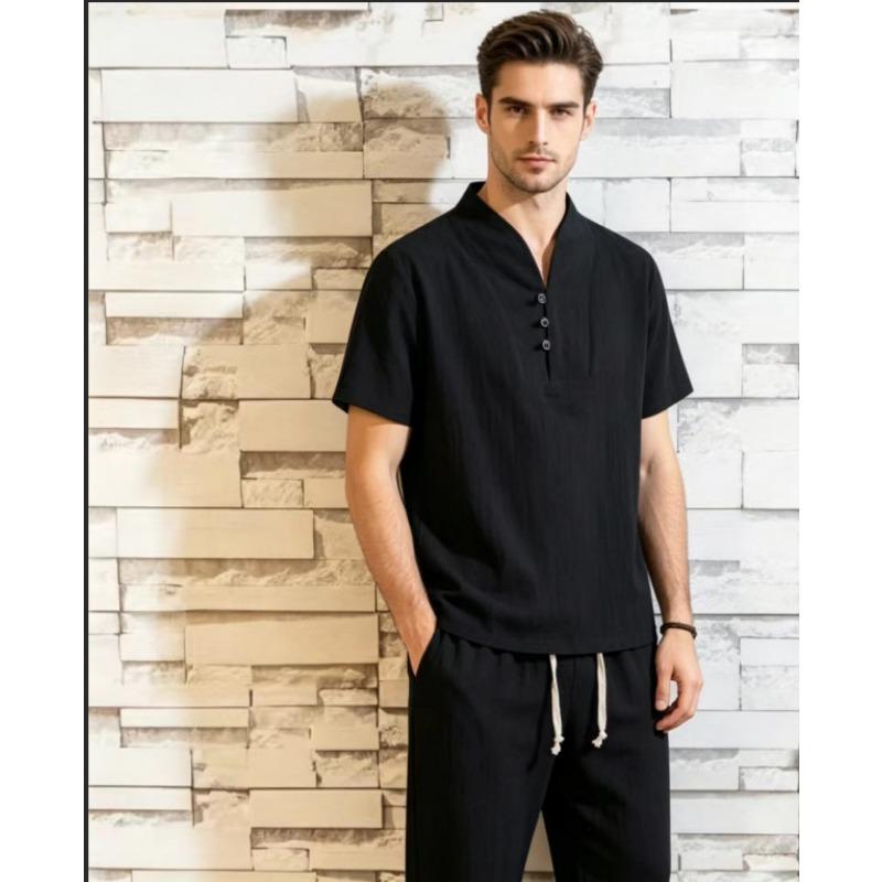 

Mens Black Linen Blend Henley Neck Short Sleeve 2-Piece Casual Set M чорний