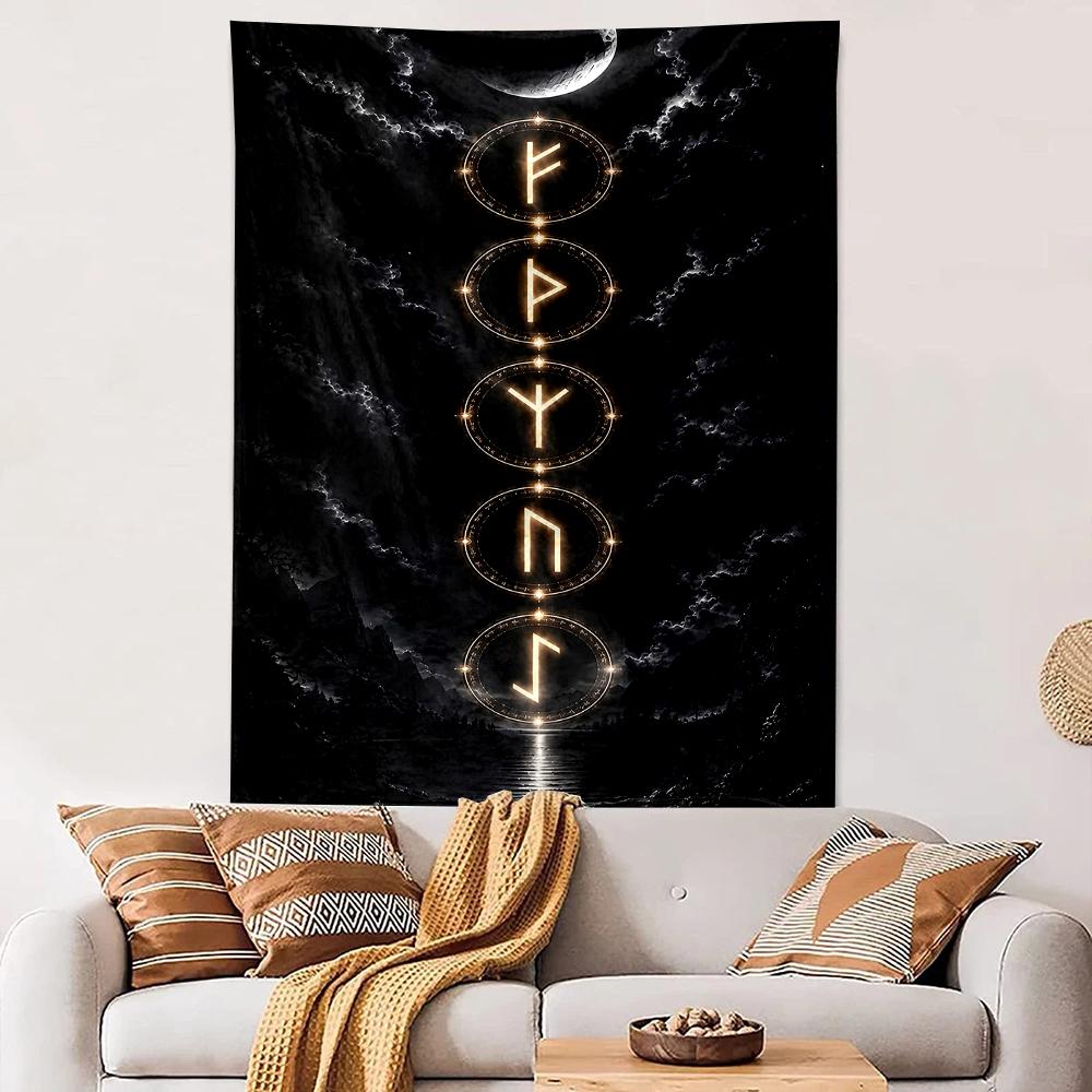 Vertical Tapestry Norse Rune Circle Moon Night Mystical Wall Hanging Decor for Men Cave Spiritual Bedroom Pagan