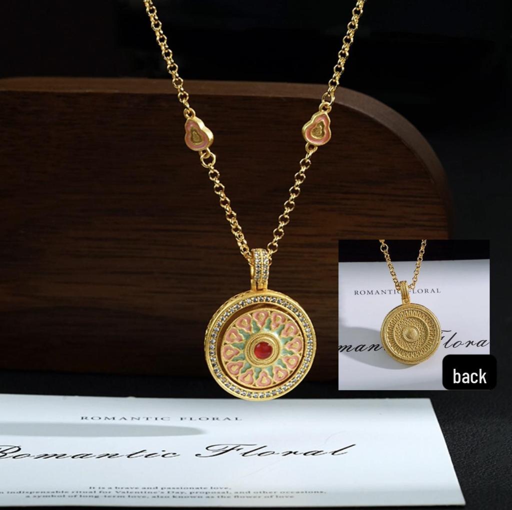 Chinese Style Gold Gourd Good Luck Diamond Necklace with Rotatable Compass Pendant for Women