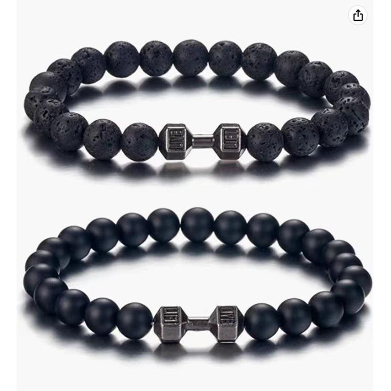 Black Matte Volcanic Stone & Alloy Dumbbell Energy Bracelet