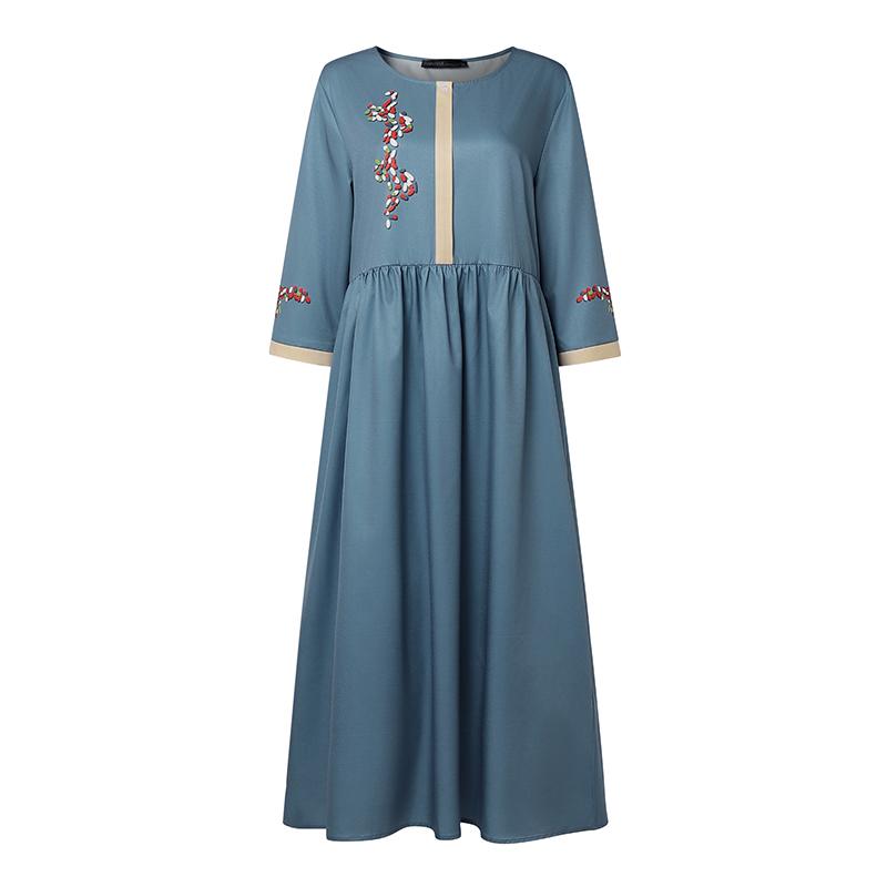 ZANZEA Women Casual Round Neck Loose 3/4 Sleeve Long Dress