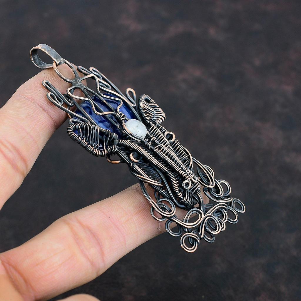 Sodalite Pendant Copper Wire Wrapped Rainbow Moonstone Pendant Wire Wrap Gemstone Jewelry Handmade Deer Face Pendant Copper Jewelry For Gift