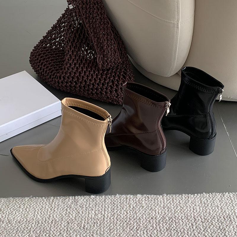 Fashion Female Pointed Toe Modern Women Ankle Boots With Zippers Shoes Square Heels Fashion Elastic Ladies Stretch Boots Shoes