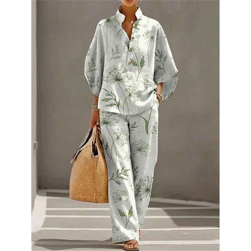 1116 New Women's Printed Two-piece Set Lazy Wind Loose Wide Leg Pants Set European and American Versatile Women