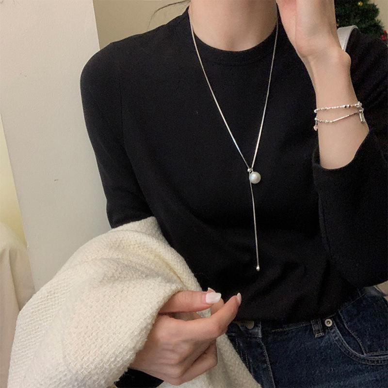 Collana di Perle Minimalista da Donna, Argento Sterling S925, Lunga Catena da Maglione Regolabile