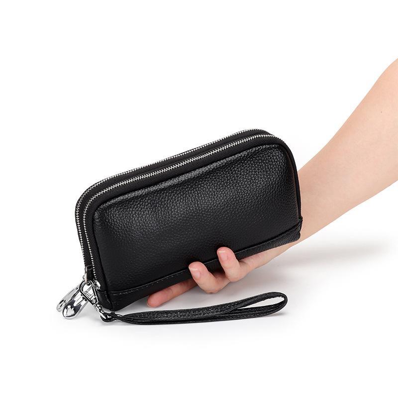 Women Genuine Leather Long Wristlet Clutch Purse 2 Layer Zipper Easy To Clean Phone Cash Bag for Mom Daily Use