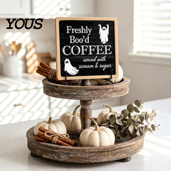 Decorative Signs with Metal Stands Halloween Coffee Bar Wooden Sign Iron Display Stand for Corner Kitchen Station Accessories Tabletop Decor,