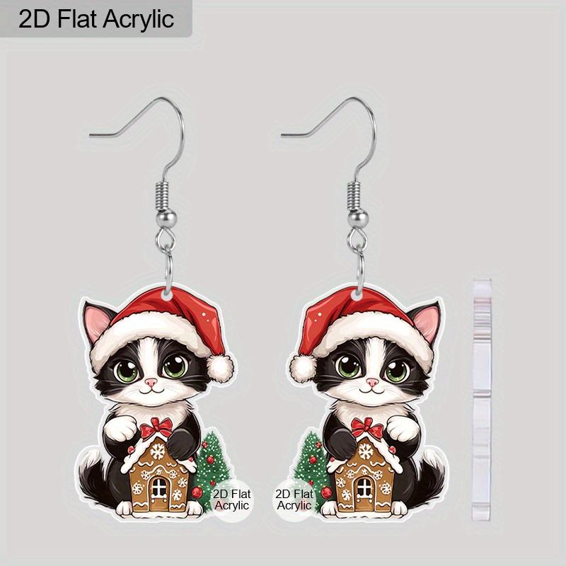 2D Flat Acrylic Christmas Cat House Pendant Earrings Women's Christmas Jewelry Holiday Party Accessories