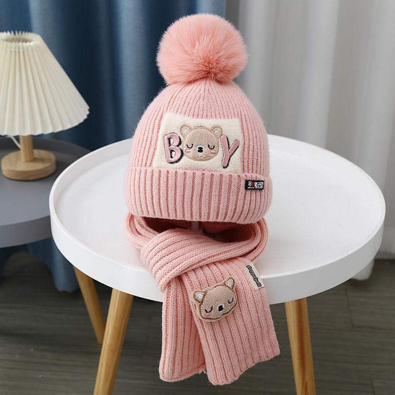 

Autumn Winter Children s Hat Little Bear Knitted Hat for Girls, Cotton-Padded Warm Baby Hat and Scarf Two-Piece Set