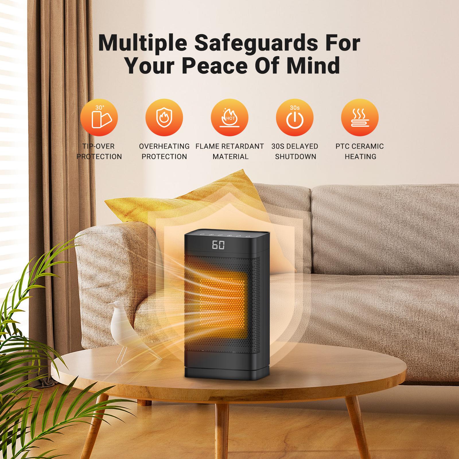 Indoor space heater,0-12 hour timed mode, ceramic fast and safe heating, equipped with ECO thermostat and 70 °swing, memory mode nero