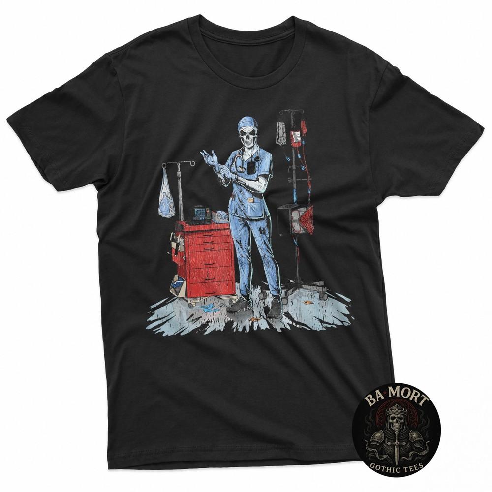 

Deadside Nurse Blue Scrubs Funny Skeleton Doctor Medical TShirt Unisex T-Shirt XXXL
