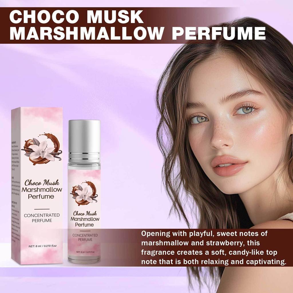 Choco Musk Marshmallow Perfume 8ml, Long Lasting Sweet Gourmand Fragrance, Women's Eau de Parfum, Portable Perfume Oil Roll On