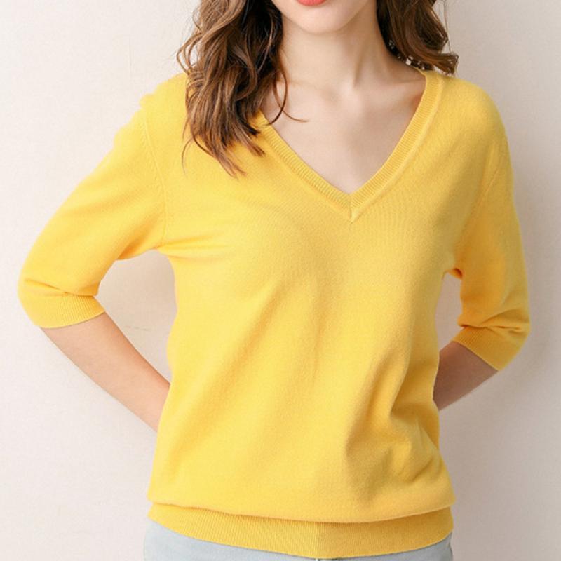 IHUASU Women's Spring Short-sleeved Jumper Knitwear V-neck Tide with Loose Bottoming Shirt T-shirt