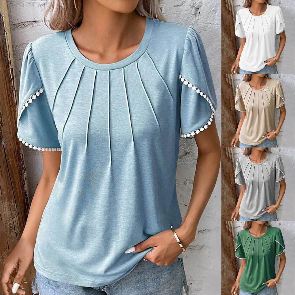 Summer Ladies Round Neck Pleated Irregular Cuffs Casual Tops Short Sleeve