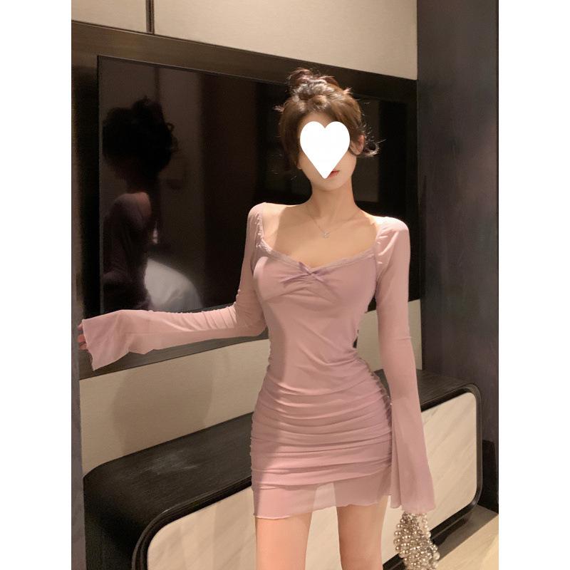 Pure Desire Autumn 2025 Sexy Dress: Slimming Waist-cinched Pleated Mesh Short Skirt with Long Sleeves Small фиолетовый