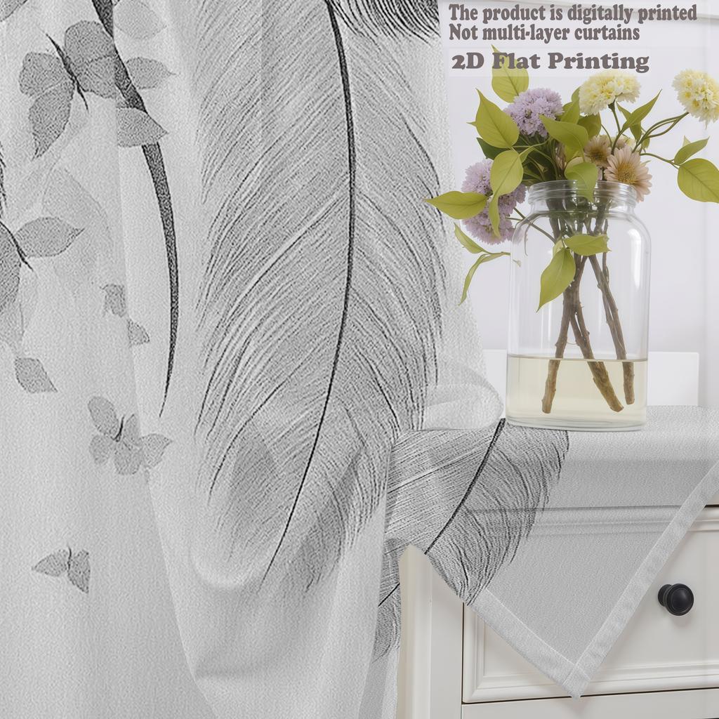 Black White Feather Pattern Curtains Minimalist Window Drapes Living Room Bedroom Home Decor Modern Light Filtering Polyester Sitting Treatment