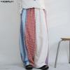 INCERUN Men's Patchwork Wide Leg Trousers Casual Loose Striped Plaid Pants Harajuku Streetwear Elastic Waist Bottoms