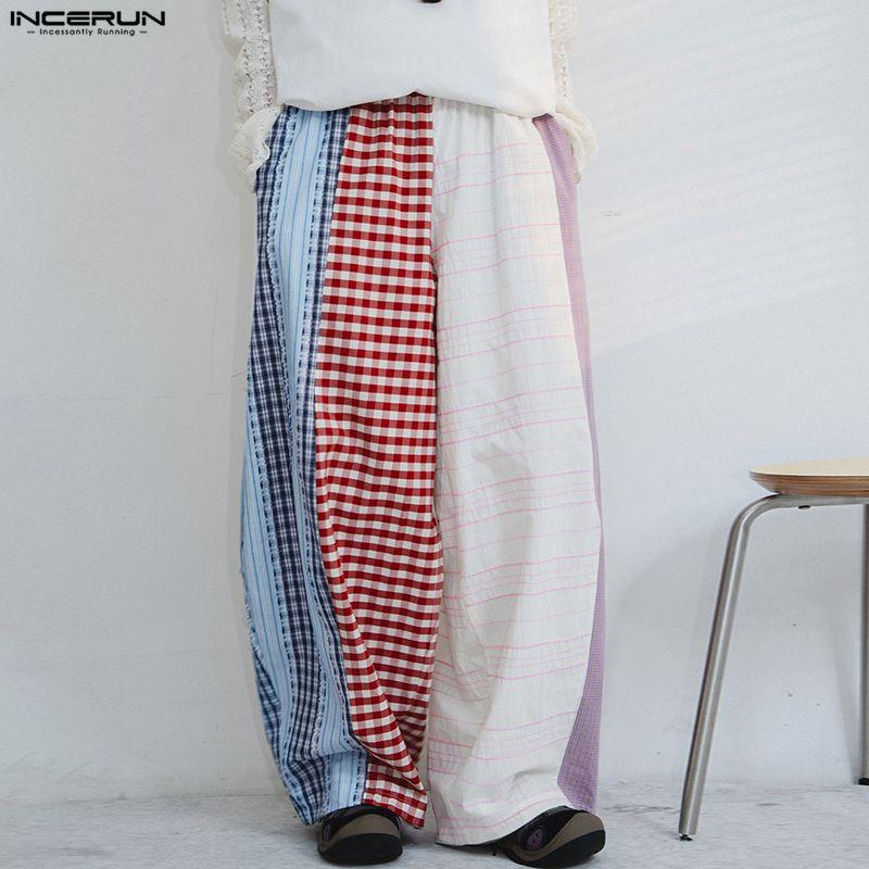 INCERUN Men's Patchwork Wide Leg Trousers Casual Loose Striped Plaid Pants Harajuku Streetwear Elastic Waist Bottoms