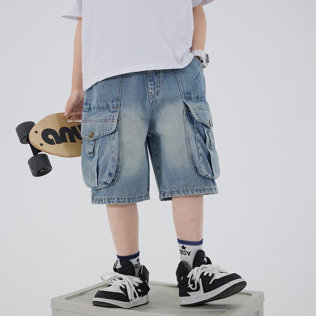 Boys' Workwear Denim Shorts Summer Teenage Children's Pocket Design Outdoor Wear Loose Jeans Big Kids Mid-Pants