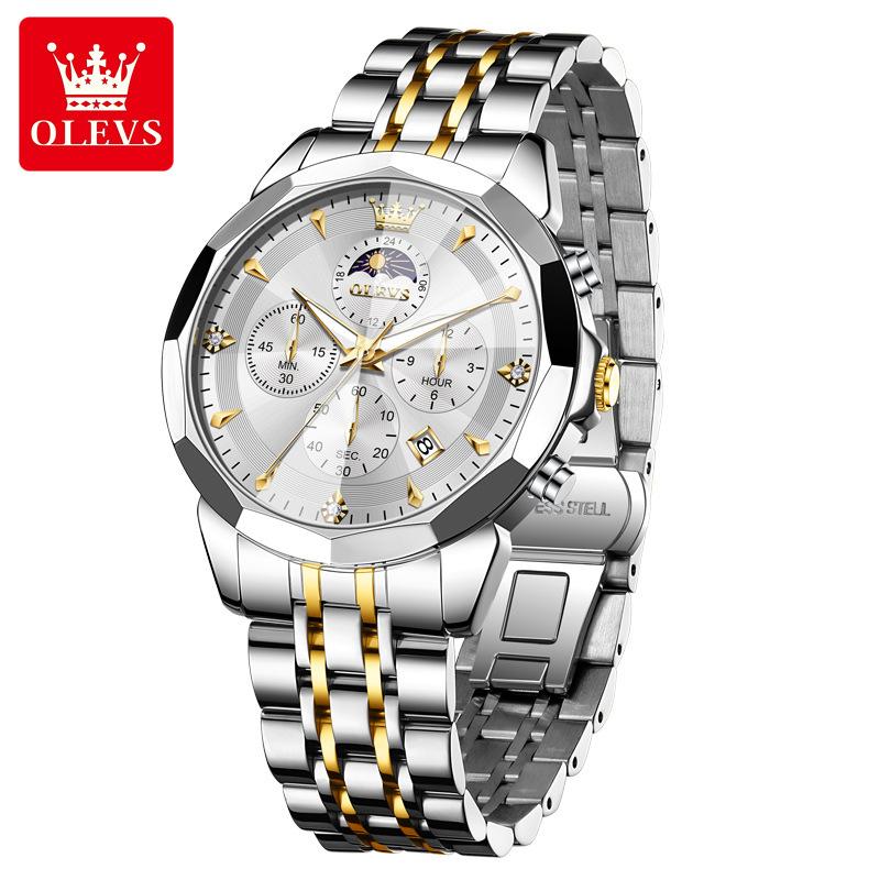 OLEVS Mens Watch Original Business Brand Quartz Watch Rhombus Mirror Waterproof Luminous Automatic Date Moon Phase Watch