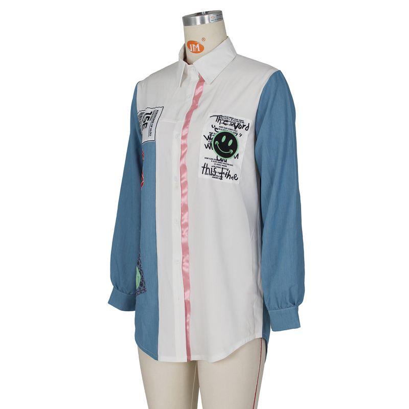 

New Fashion Shirt Casual Denim Patch Shirt Dress Denim plus White S
