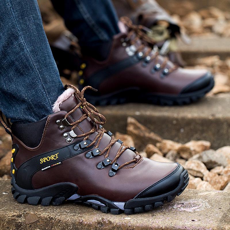 New autumn and winter leather hiking shoes men's outdoor shoes travel shoes high-top hiking shoes waterproof velvet climbing shoes