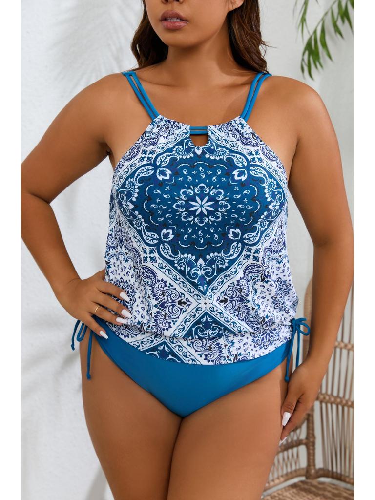 Plus Size Retro Print Bikini Halter Slimming Cover-up Two-Piece Swimsuit - European & American Style