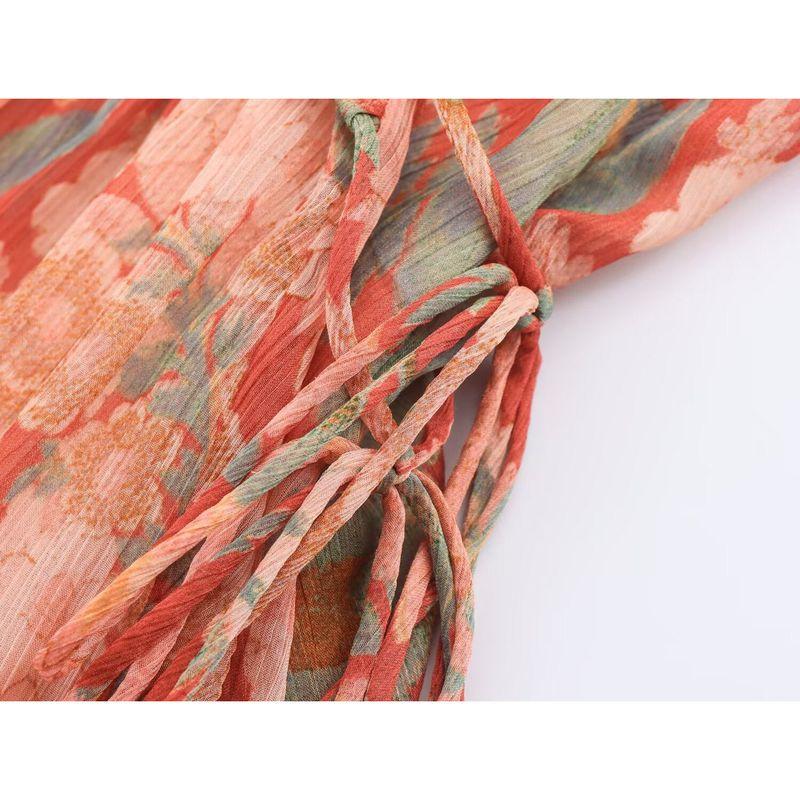 Kaslead New Women Clothes Western Style Fashion Flower Print Buckle V-neck Lantern Sleeve Short Dress