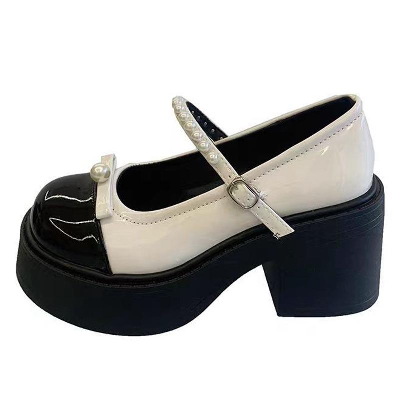 White round head thick heel platform small leather shoes women's new summer skirt Mary Jane shoes