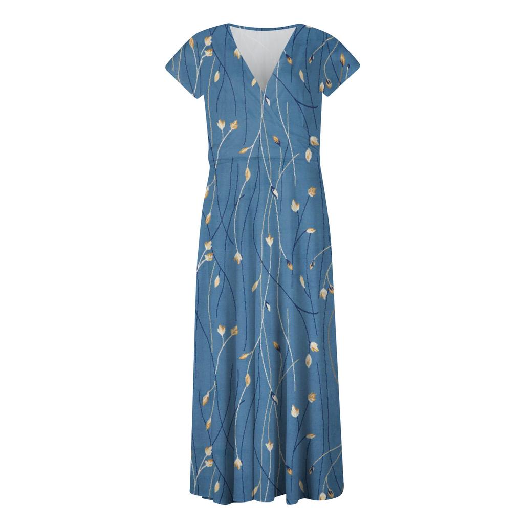 Langes Damenkleid, Maxikleid, Freizeitkleid, Chiffon-Kleider, Swing-Kleid, einfarbig, lässig, reif, Outdoor, Alltag, Date, gerüscht, kurzärmelig, V-Ausschnitt