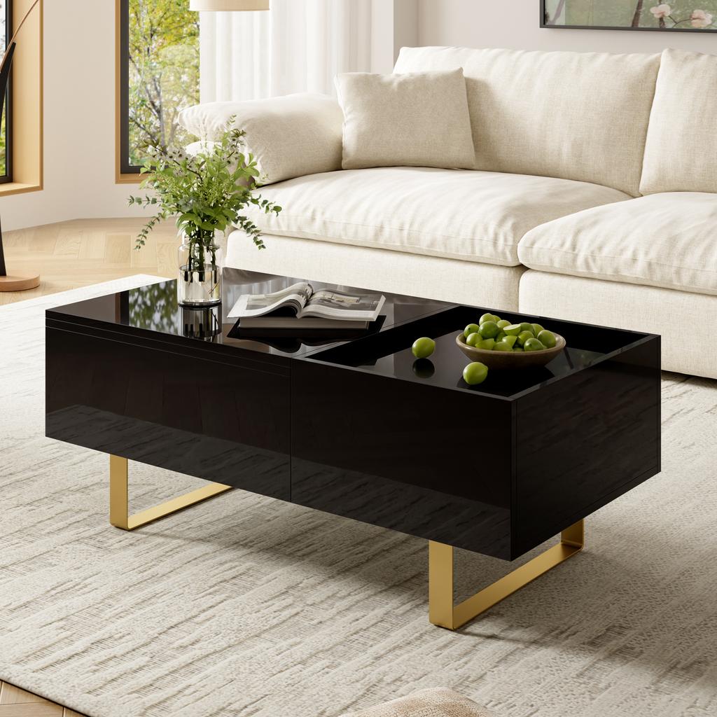 Height-Adjustable Coffee Table, Storage Made of MDF with High-Gloss Surface, with Drawer and Iron Legs, Modern Living Room Table