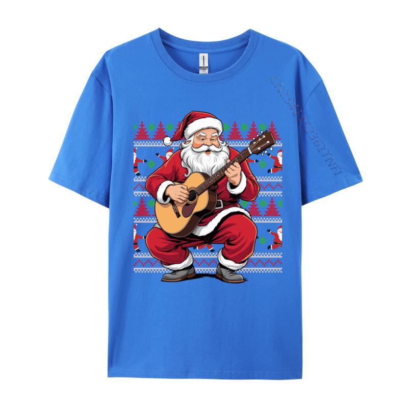 Santa Playing Guitar Funny Christmas Classic Guitar Santa T-Shirts Autumn 100% Cotton Top T-Shirts Student Tee Shirts