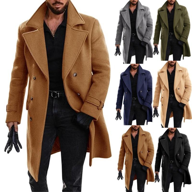 Autumn and Winter Woolen Coat Men's Double-breasted Thickened Trench Coat Men's Medium and Long Coat