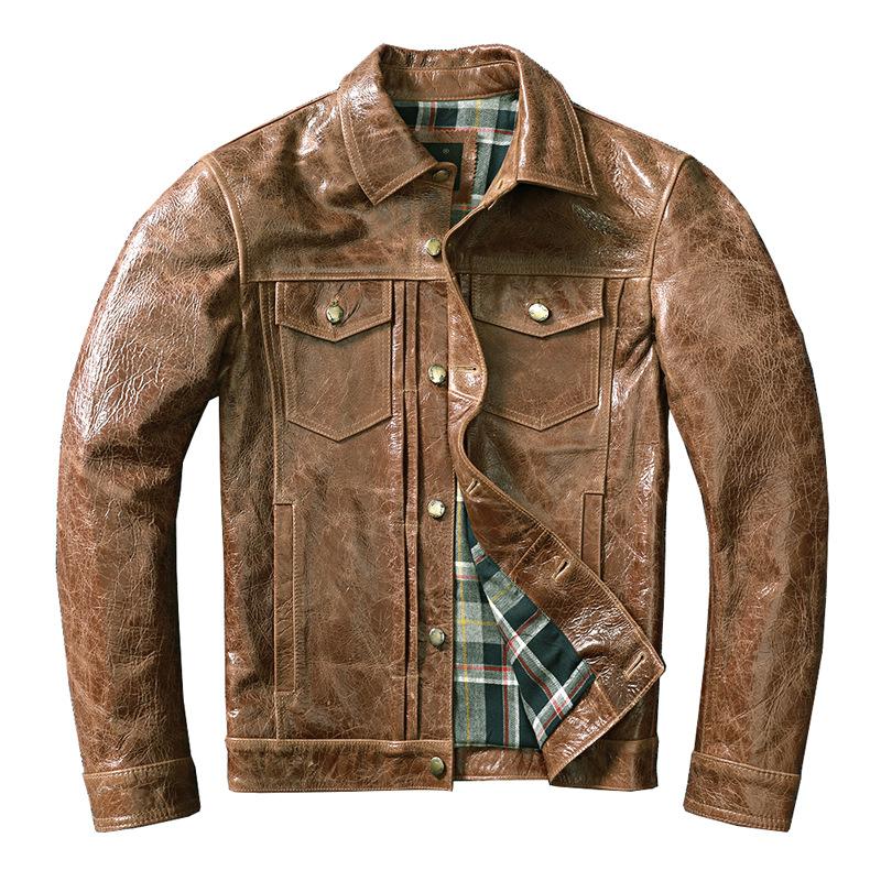 Giacca in Pelle Slim Coreana Giacca in Pelle Denim da Uomo Pelle di Mucca Strato Superiore Puro Cera d'Olio Stile Retrò Cappotto alla Moda
