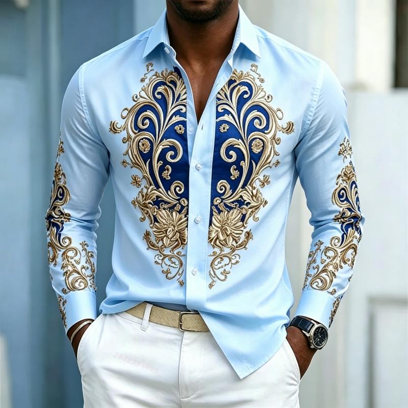 Camicia da uomo, top a maniche lunghe stile palazzo di lusso leggero, top con design a contrasto blu oro, abbigliamento uomo business casual