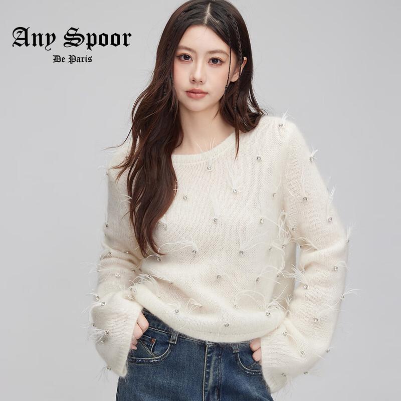 

ANY SPOOR Women s Embellished Round Neck Knit Sweater L
