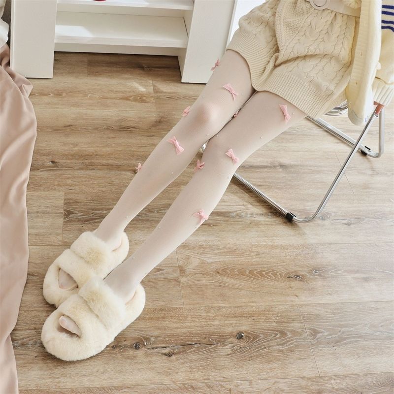 Vertical Stripe Velvet Pink Bowknot Pantyhose Thin Style One Piece Stockings