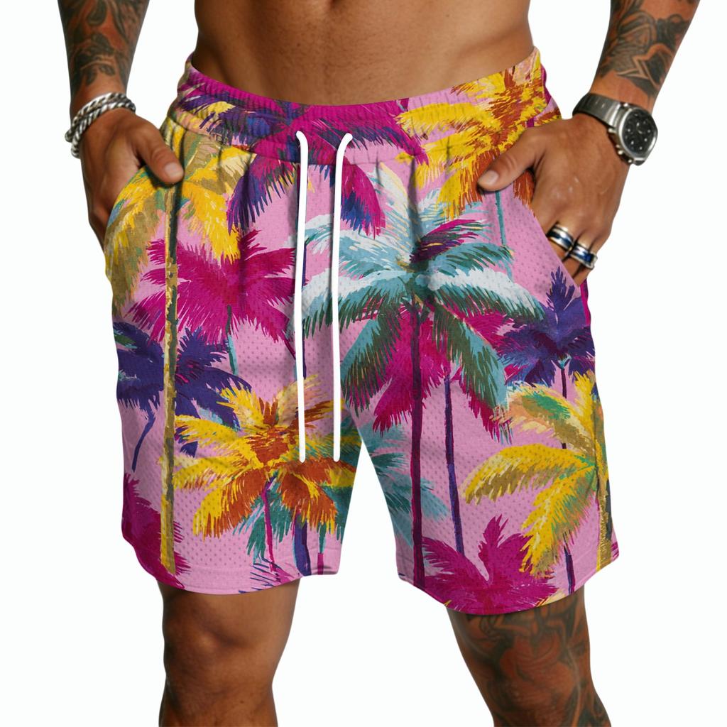 Men's Casual Hawaiian Print Drawstring Shorts Lightweight Quick Dry Beachwear Five Inch Inseam Swim Trunks with Pockets