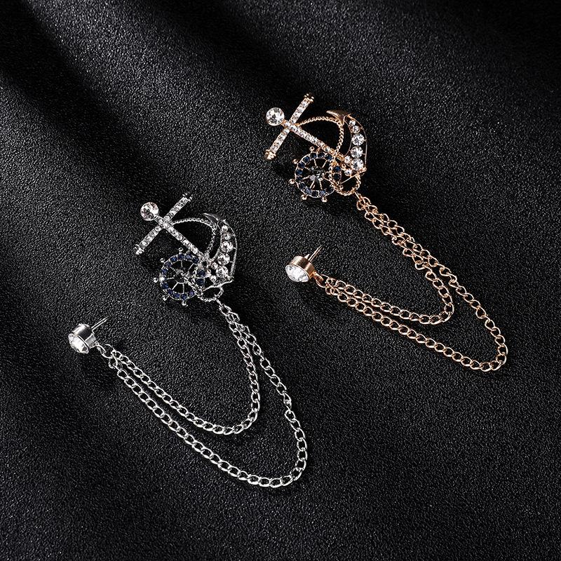 Fashion Luxulry Korean Crystal Anchor Brooches for Women Men Tassel Chain Rhinestone Collar Pins Suit Shirt Badge Jewelry Gifts