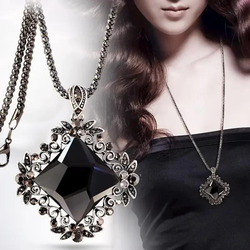 Long Necklaces & Pendants Vinatge Blue Square Necklace for Women Fashion Collier Femme