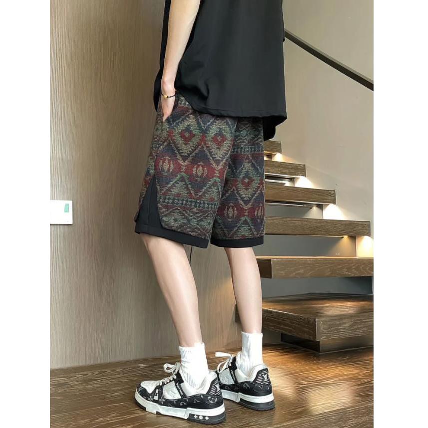 Y2k Vintage Ethnic Summer Beach Shorts Men Baggy Wide Leg Casual Capris Pants Male Sport Oversize Running Shorts